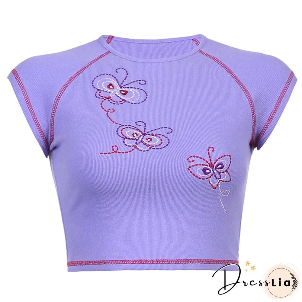 Summer Womens Casual Round Collar T-Shirt Creative Embroidery Short Sleeve Midriff-Baring
