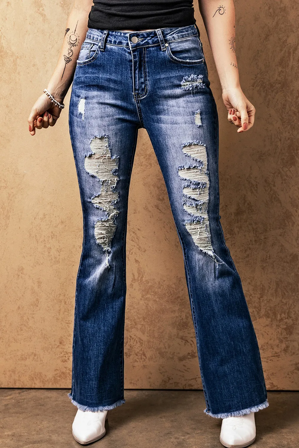 Sky Blue Distressed Raw Hem High Waist Flare Jeans