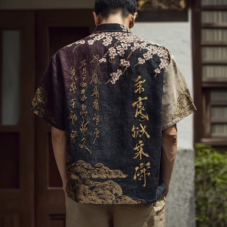Japanese Art Retro Pattern Clash Color Design Men's Casual Linen Shirt elevenforest