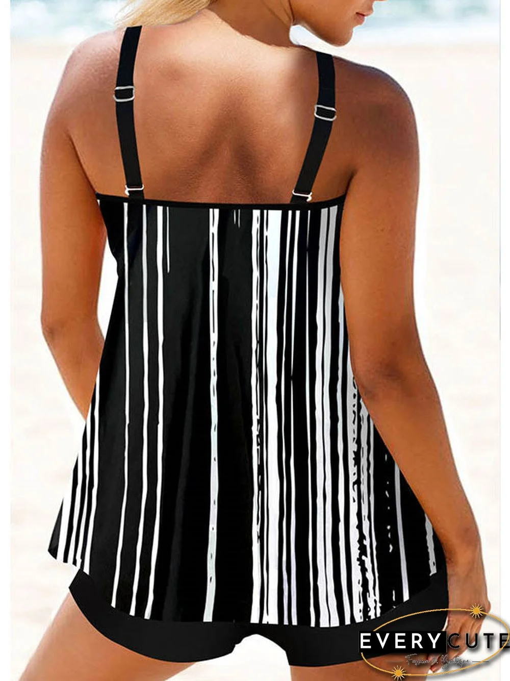 Women Double Strap Striped Colorblock Tankini Set