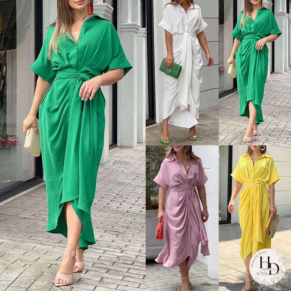 Lapel Mid Length Short Sleeve Single Breasted High Waist Shirt Dress