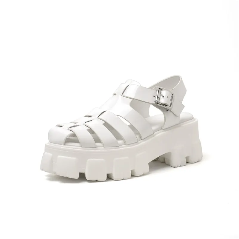 Meotina Shoes Women Genuine Leather Gladiator Sandals High Heel Platform Sandals Thick Heel Buckle Ladies Footwear Summer White