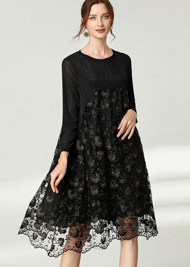 VCSHOES Black Lace Patchwork Fall Dress Long Sleeve