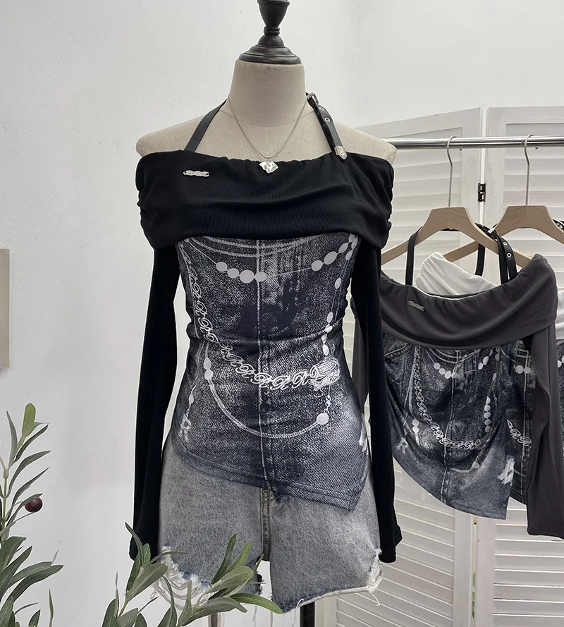 Uveng Vintage Print Shoulder Irregular Long-Sleeved T-Shirt Hanging Neck Slim Thin Short Bottom Top 2662