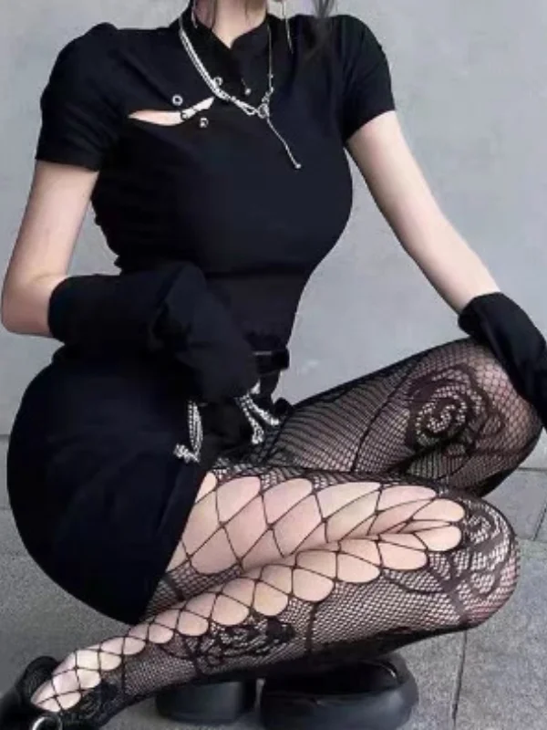 Sexy Rose Pattern Hollowed Out Fishnet Tights