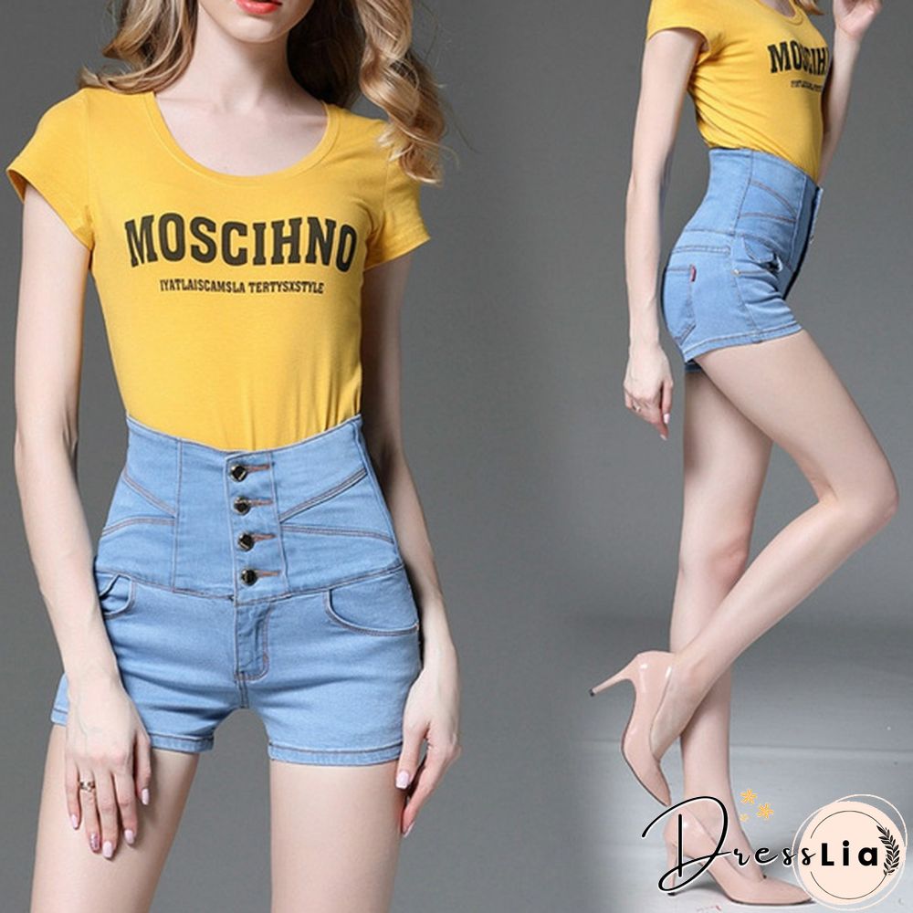 Brand Women Denim Shorts High Waist Slim Plus Size Multi-button Shorts