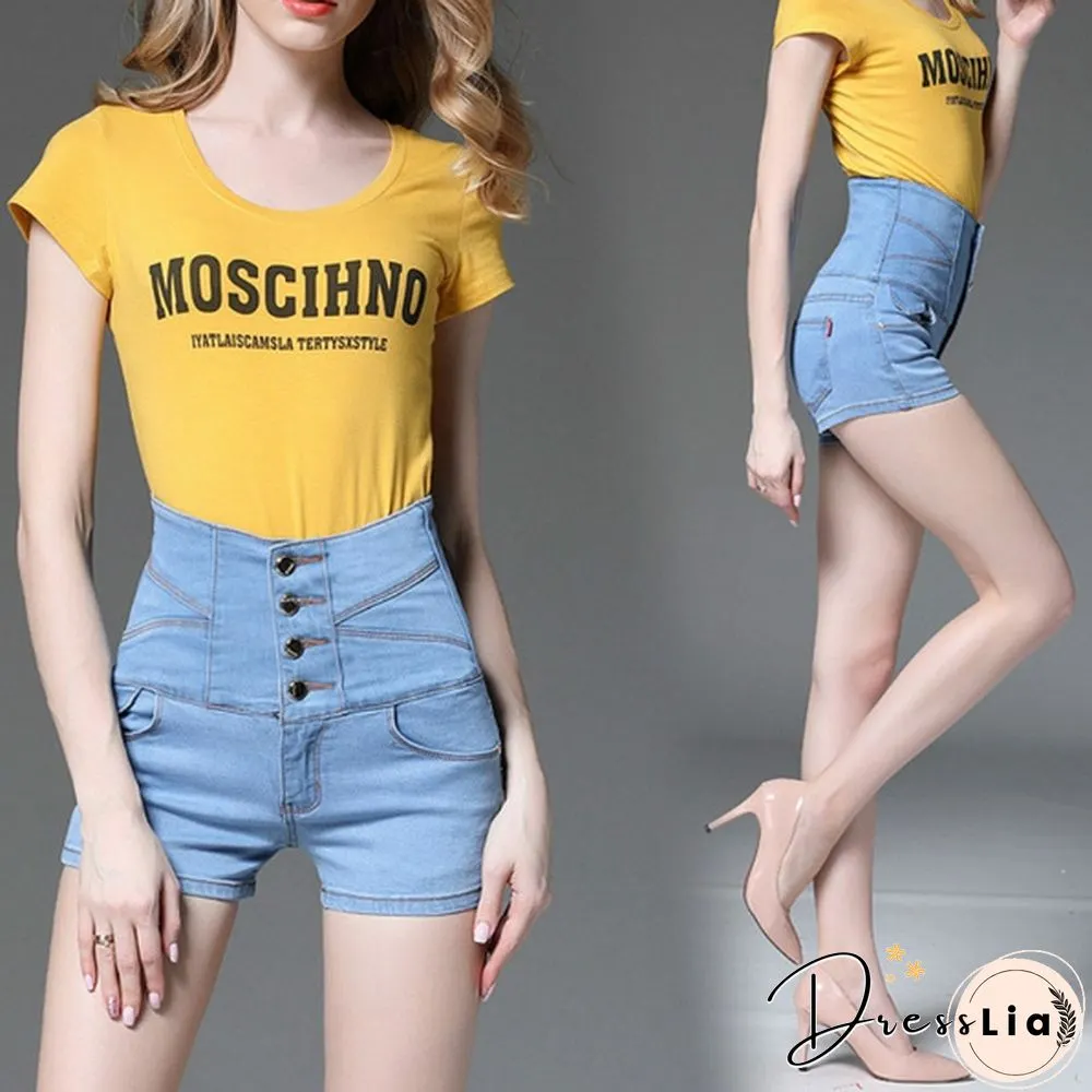 Brand Women Denim Shorts High Waist Slim Plus Size Multi-button Shorts