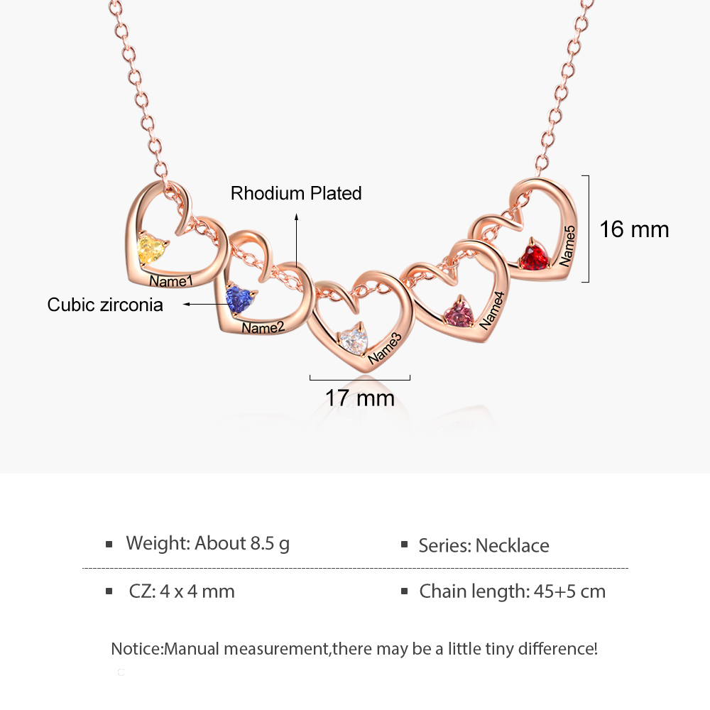 Personalised Heart Pendant Necklace Custom 5 Names & 5 Birthstones Necklace Gifts for Her-Jessemade AU