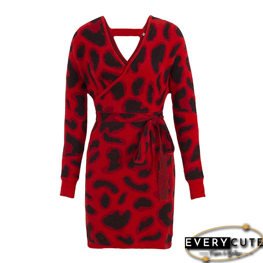 Red Leopard Print Tie Front Sweater Dress