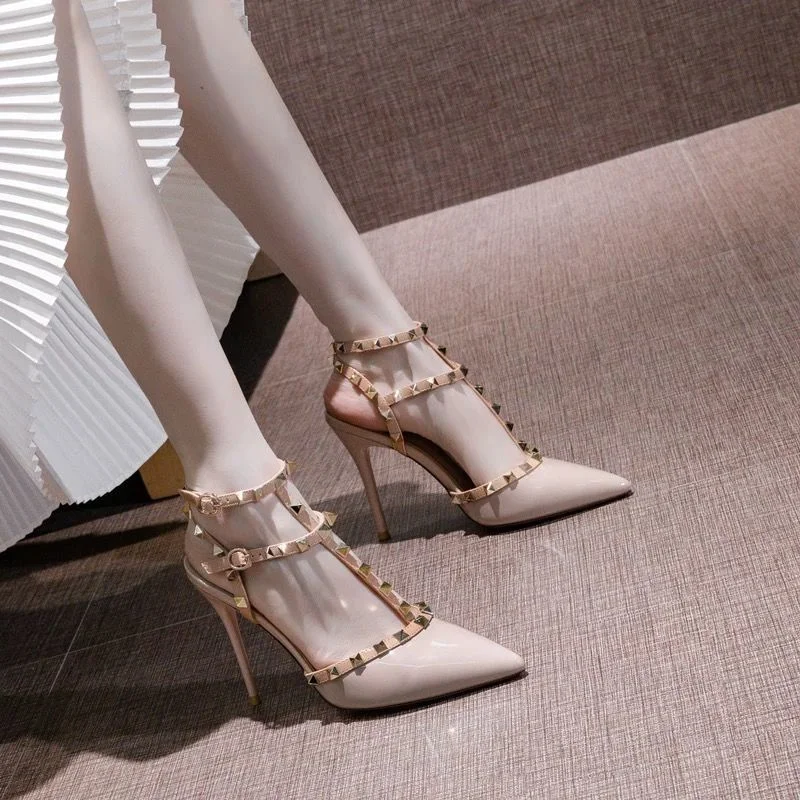Rivet nude high-heeled shoes women stiletto spring and summer new pointed toe all-match sexy women's single shoes
