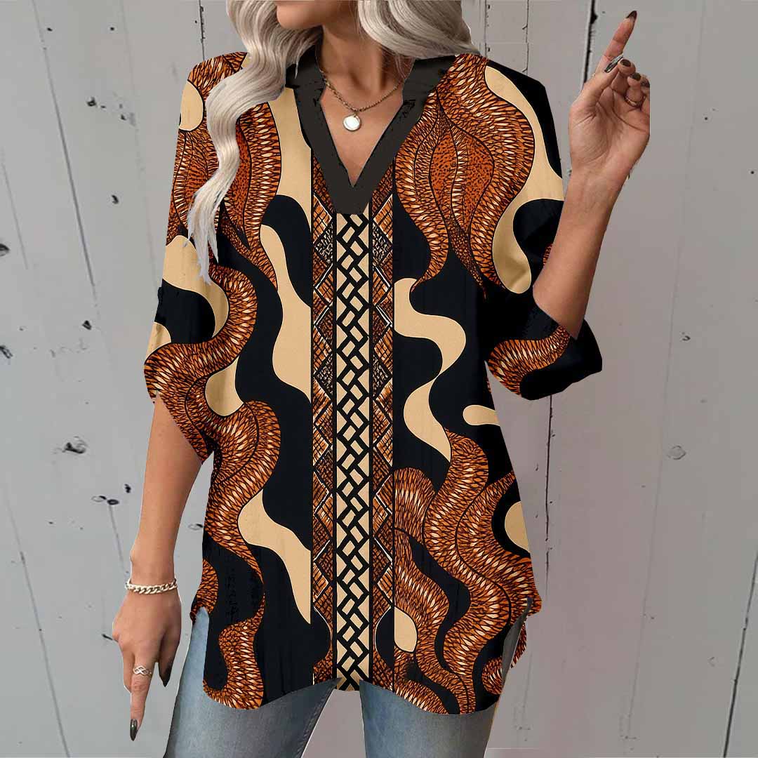 Women Stripes, Geometric, Black, Brown DZGA0068 3/4 Sleeve V-neck Printed Graphic Button Tops