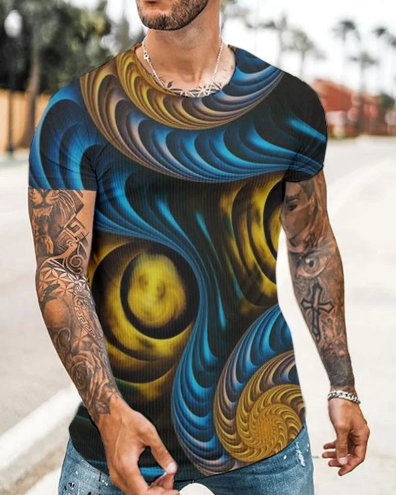 Men's Sport Yellow and Blue  Abstract Printed T-shirt