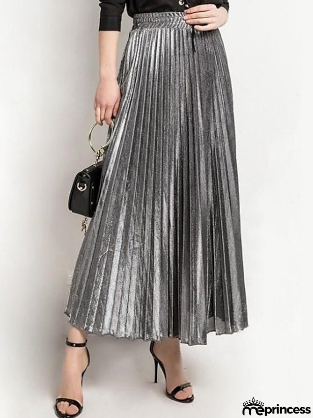 Women's Skirt Maxi Pleated Swing Long Skirt Silver Gold Skirts Shiny Metallic Shimmery Fashion Casual Daily S M L