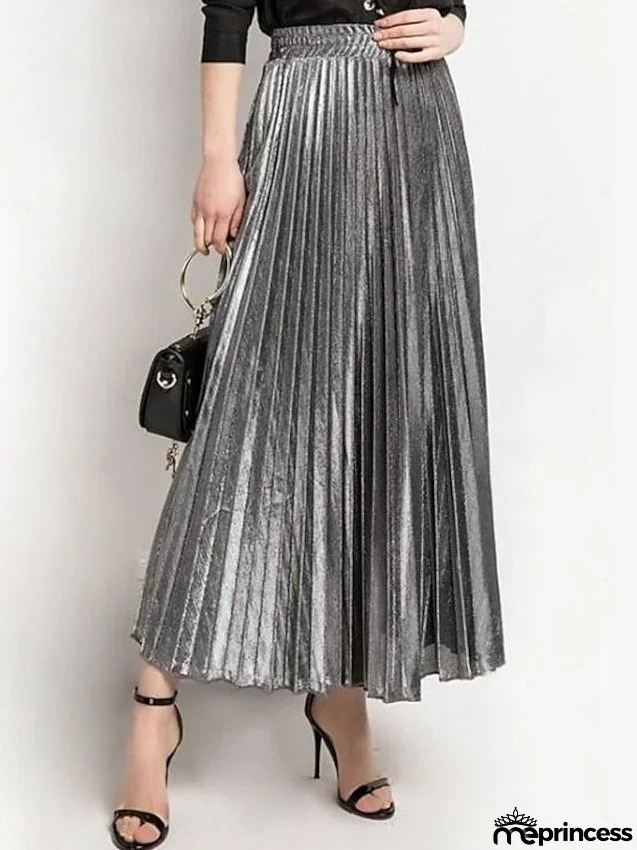 Women's Skirt Maxi Pleated Swing Long Skirt Silver Gold Skirts Shiny Metallic Shimmery Fashion Casual Daily S M L