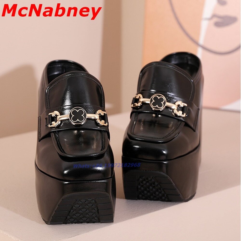 Sexy Summer Thick Platform Shoes Round Toe Solid Leather Metal Buckles Slip On Pumps Women Shoes Spring Party Dress High Heels