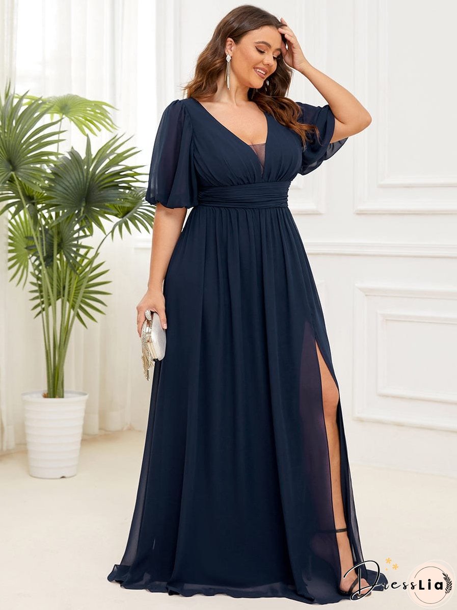 Elegant Deep V-Neck A-Line Bridesmaid Dress with Half Puff Sleeves