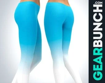 Pornhint Ombre Leggings, Sky Blue to White Gradient Printed Leggings for Women, Workout Leggings, Yoga Pants, Gymwear Sportswear Tights Gift for Her