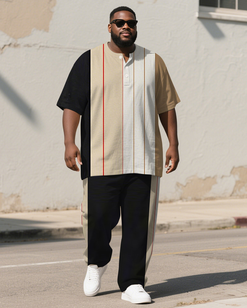Men's Plus Size Black Khaki Colorblock Stripe Print Henley Collar T-Shirt Trousers Suit