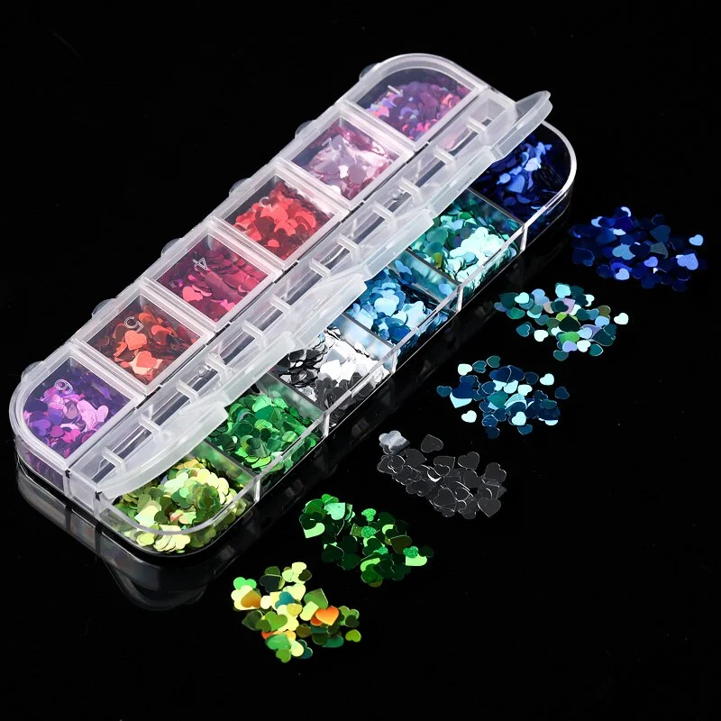 12 Grids Colorful Flourescent Nail Sequins Hollow Circle Sequins Neon Round Nail Art Glitter Flakes Butterfly 3D Slice Tips-Nail Inspo
