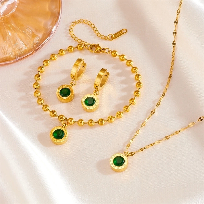 Elegant Classic Style Roman Numeral Titanium Steel Rhinestones 18K Gold Plated Inlay Jewelry Set