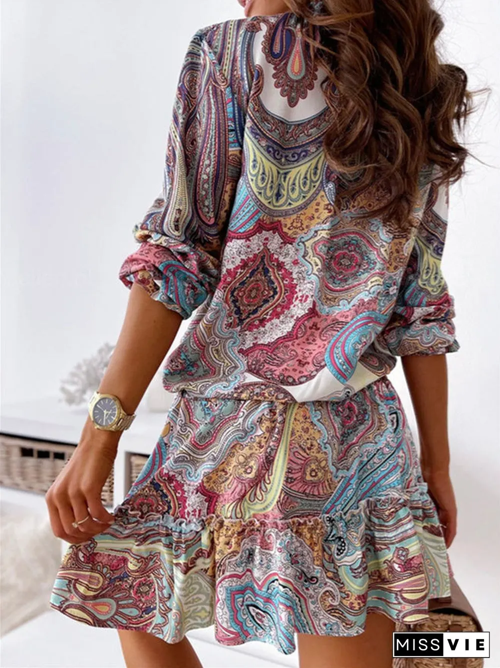 Women's Long Sleeve V-neck Floral Printed Lace-up Midi Dress