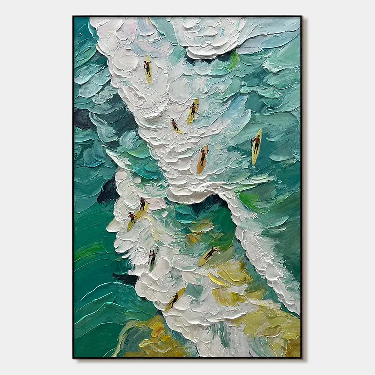 CATCHING THE WAVE: Textured Surfers Ocean Scene Oil Painting（Canvas painting）