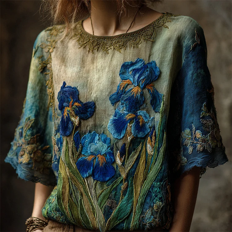 Vintage Irises Embroidered Gradient Flowy Linen Tunic