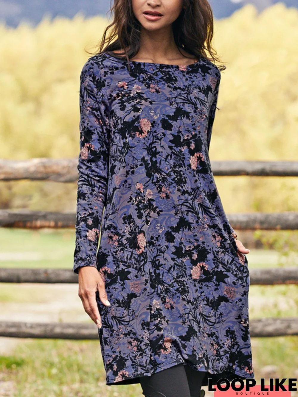 Casual Long Sleeve Round Neck Printed Tunic Dress