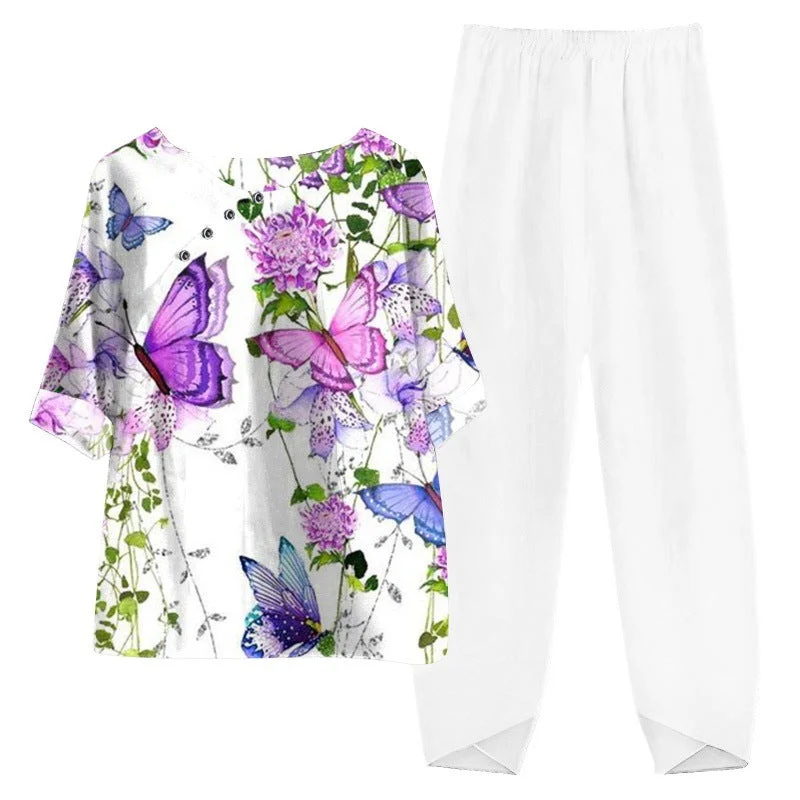 Women's Half Sleeve Scoop Neck Butterfly Printed Buttons Top & Pockets Design Long Pants Set