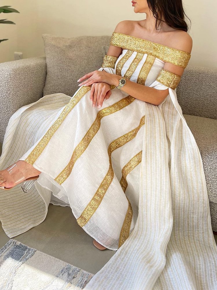 Elegant Gold Stripe Printed Off-Shoulder Kaftan