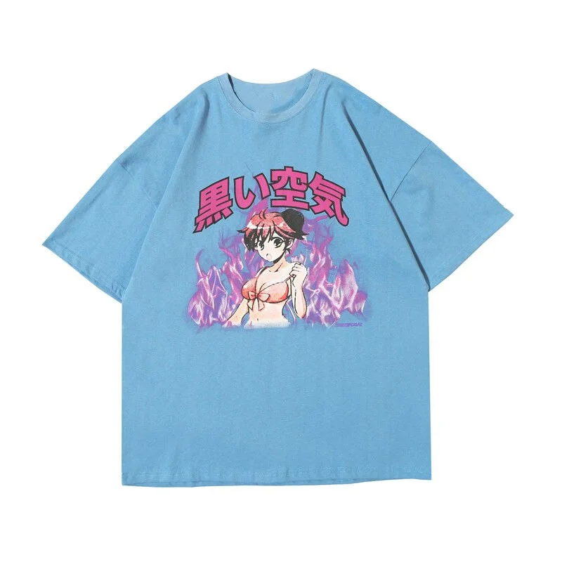 Harajuku Blue T-Shirt Women Oversized Cartoon  T Shirts Streetwear Summer Half Sleeve Casual Cute Tops High Street Tshirt Women