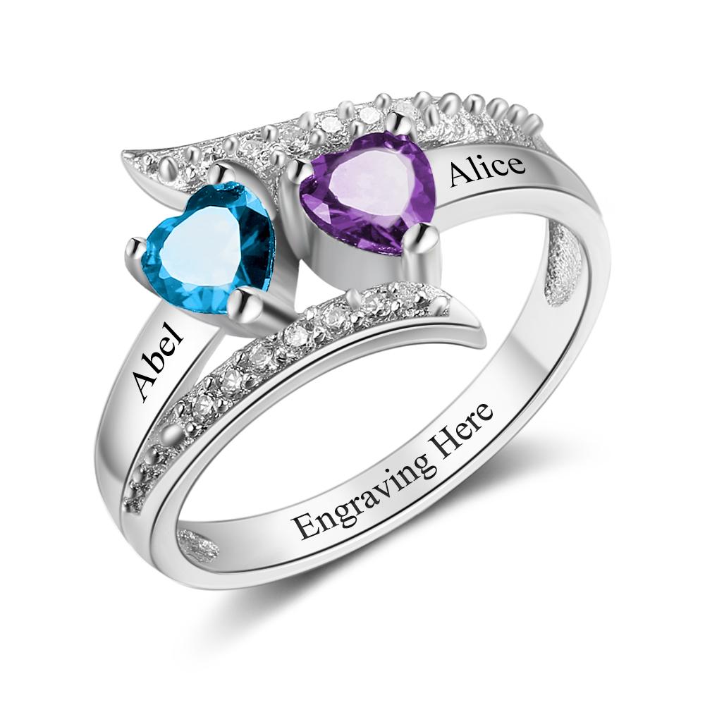 Promise Ring Egraving Ring with 2 Birthstones Mother's Gift
