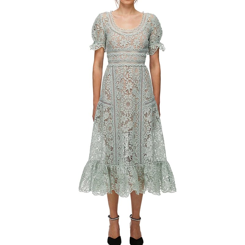 Brownm Self Portrait Lace Party Long Dress 2021 Women Puff Short Sleeve Hollow Out Crochet Embroidery Vintage A Line Dress