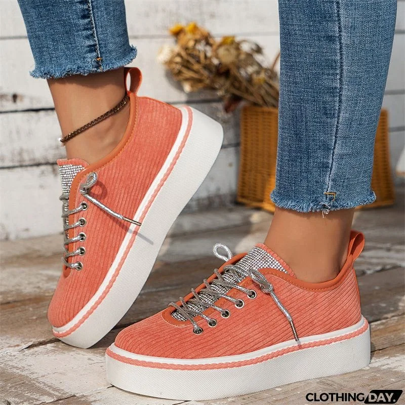 Women's Stylish Thick-Soled Round Toe Lace-Up Rhinestone Casual Shoes