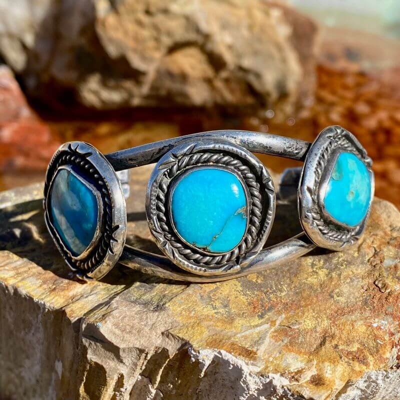 Vintage Navajo Sterling Cuff Bracelet with Three Turquoise Stones