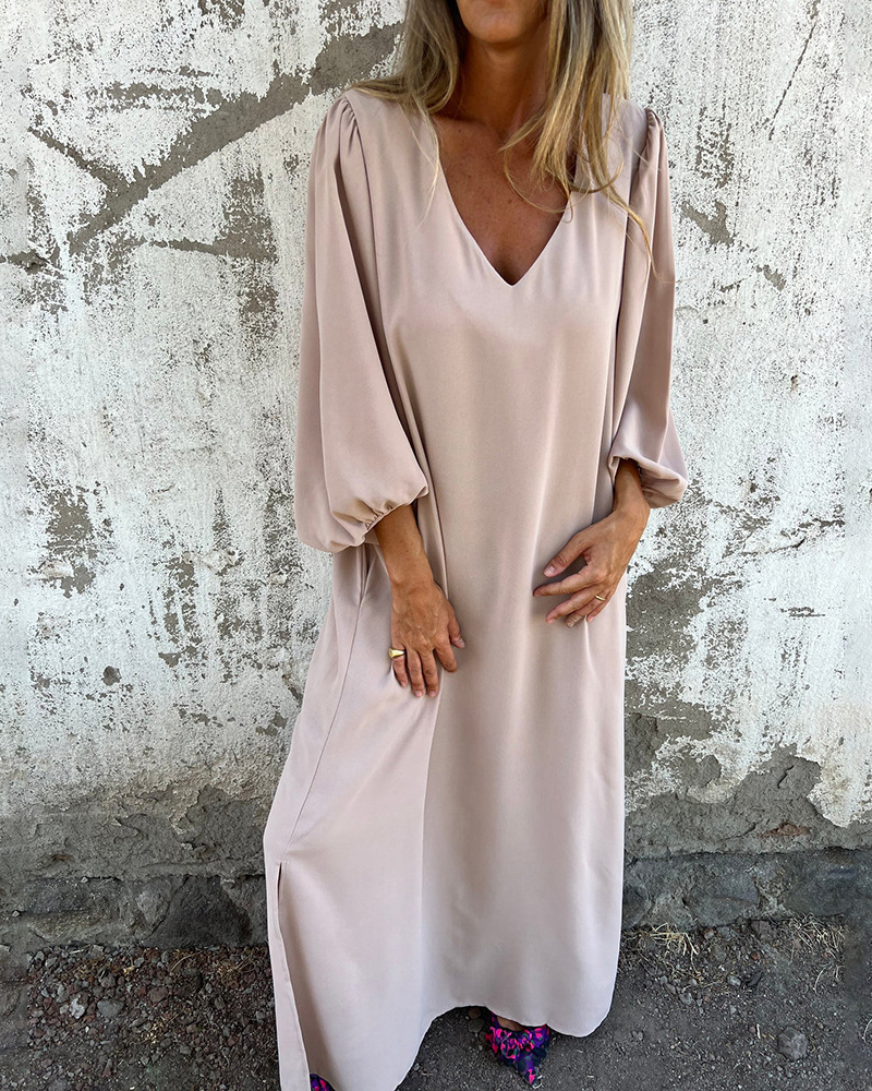 Balloon Sleeve V Neck Solid Color Side Pockets Loose Maxi Dress