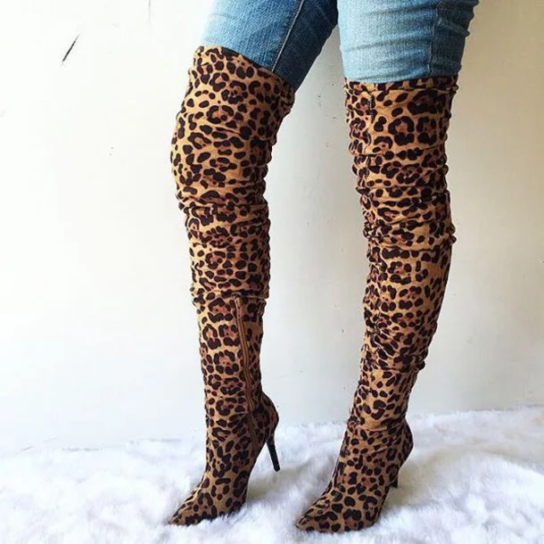 Leopard Print Thigh High Stiletto Heel Slouch Boots Suede Boots Vdcoo