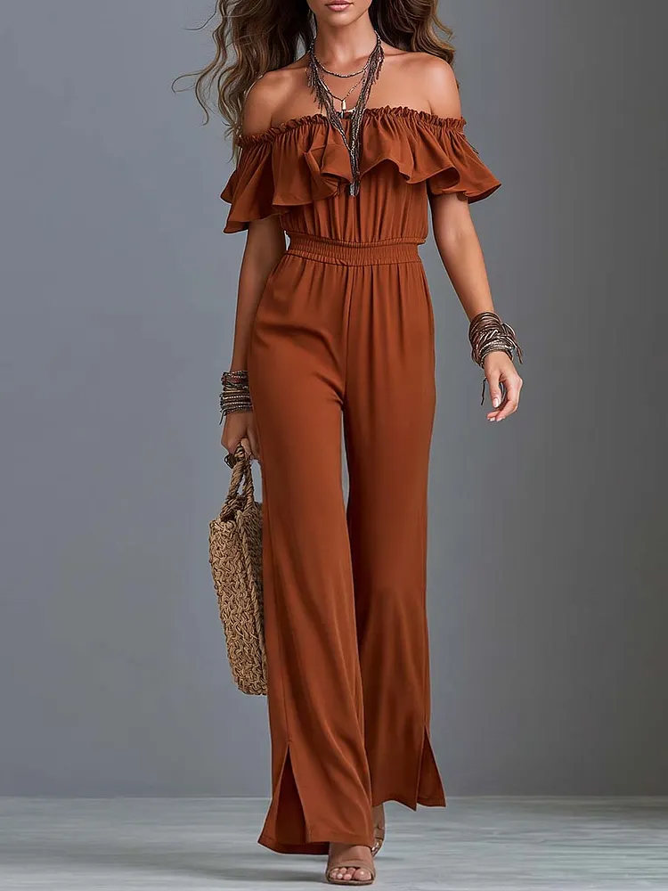 Boho Off-Shoulder Ruffle Wide-Leg Jumpsuit