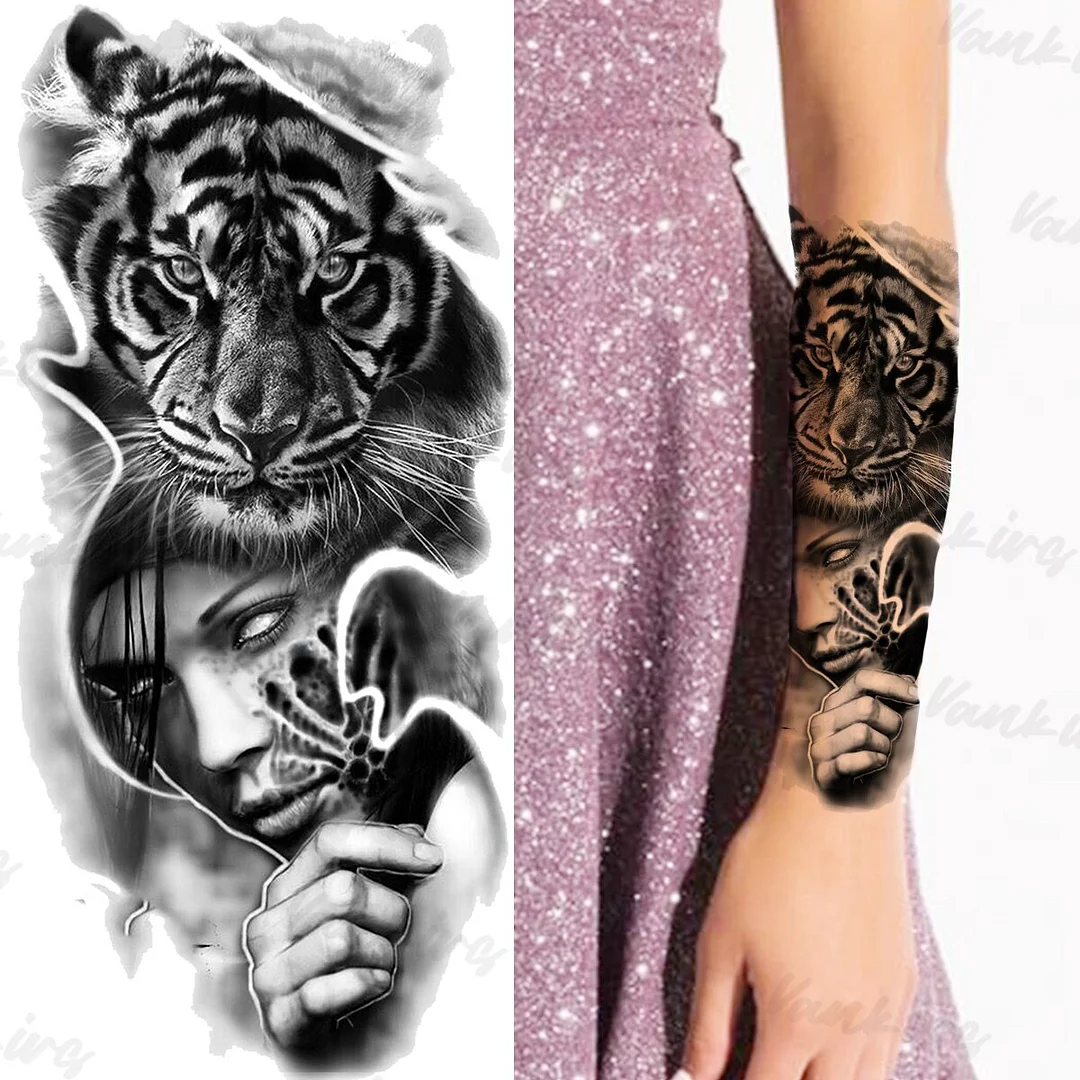 Sdrawing Lion Knight Temporary Tattoos For Men Adults Realistic Tiger Skeleton Fake Tattoo Sticker Arm Water Transfer Tatoos 3D