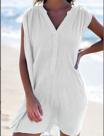 Solid Color Fashion V-Neck Button Casual Sleeveless Dress White Dresses