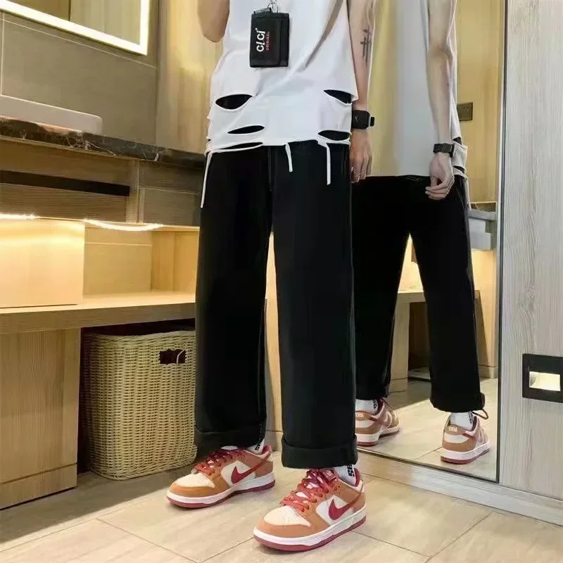 Hedirax fall outfits y2k European and American high street men's washed jeans retro personalized straight-leg splicing flared pants trendy denim trousers