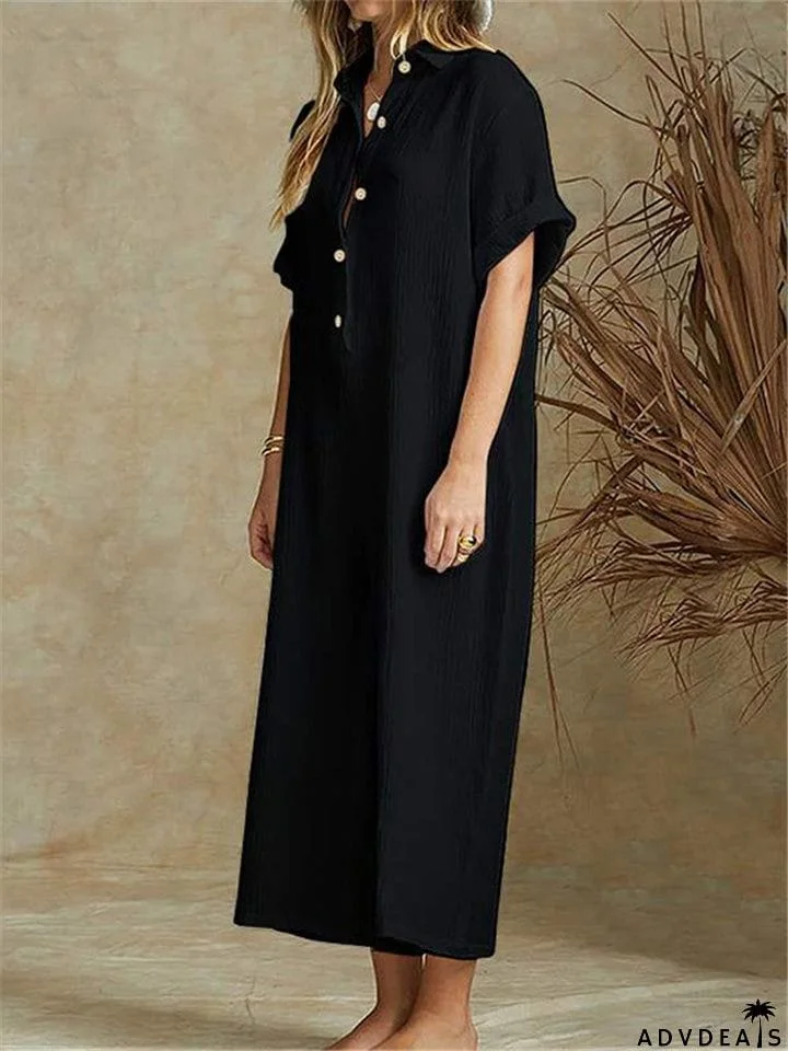Straight Silhouette Spread Collar Soft Cotton Front Button Cropped Jumpsuit