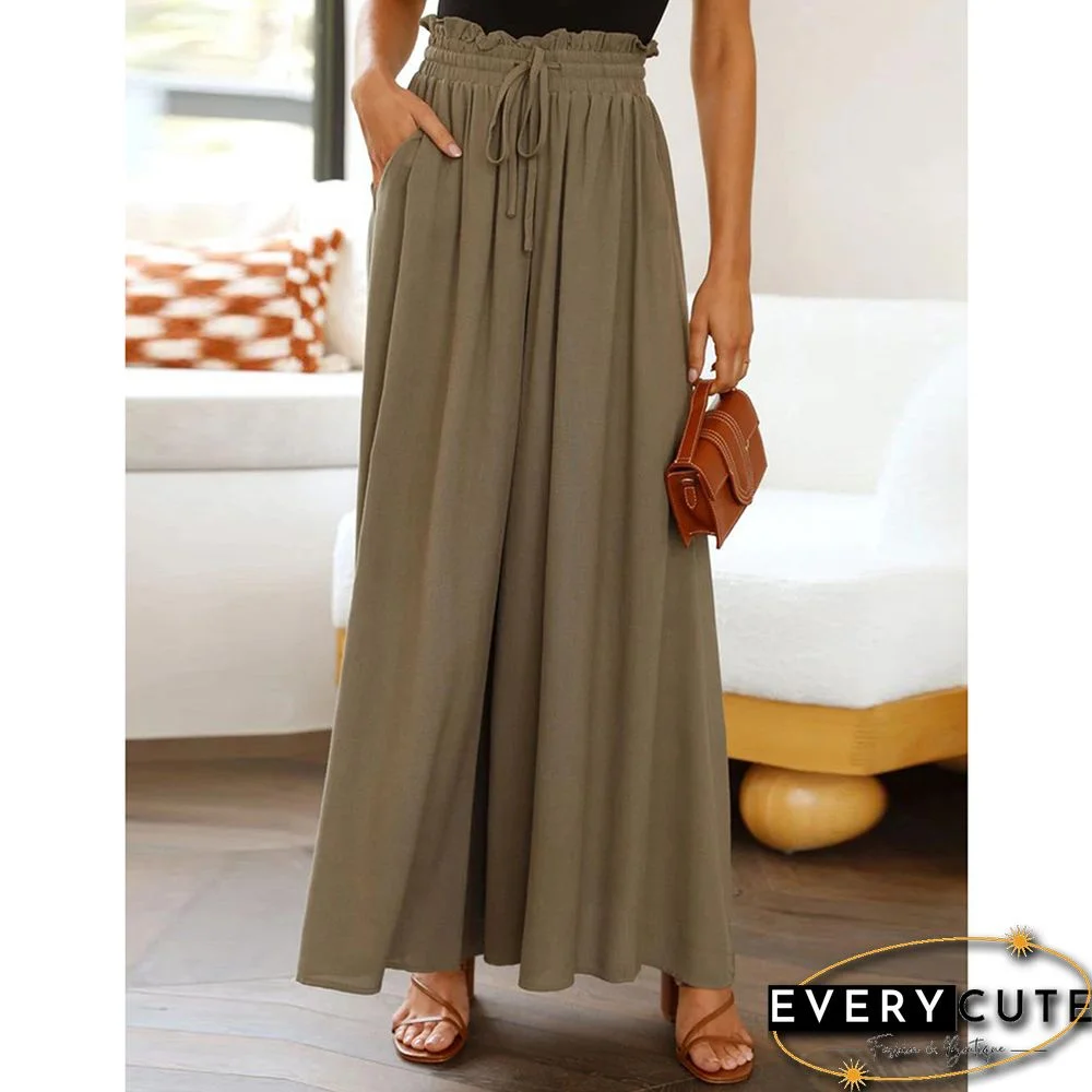 Khaki High Waist Elastic Waistband Long Culottes