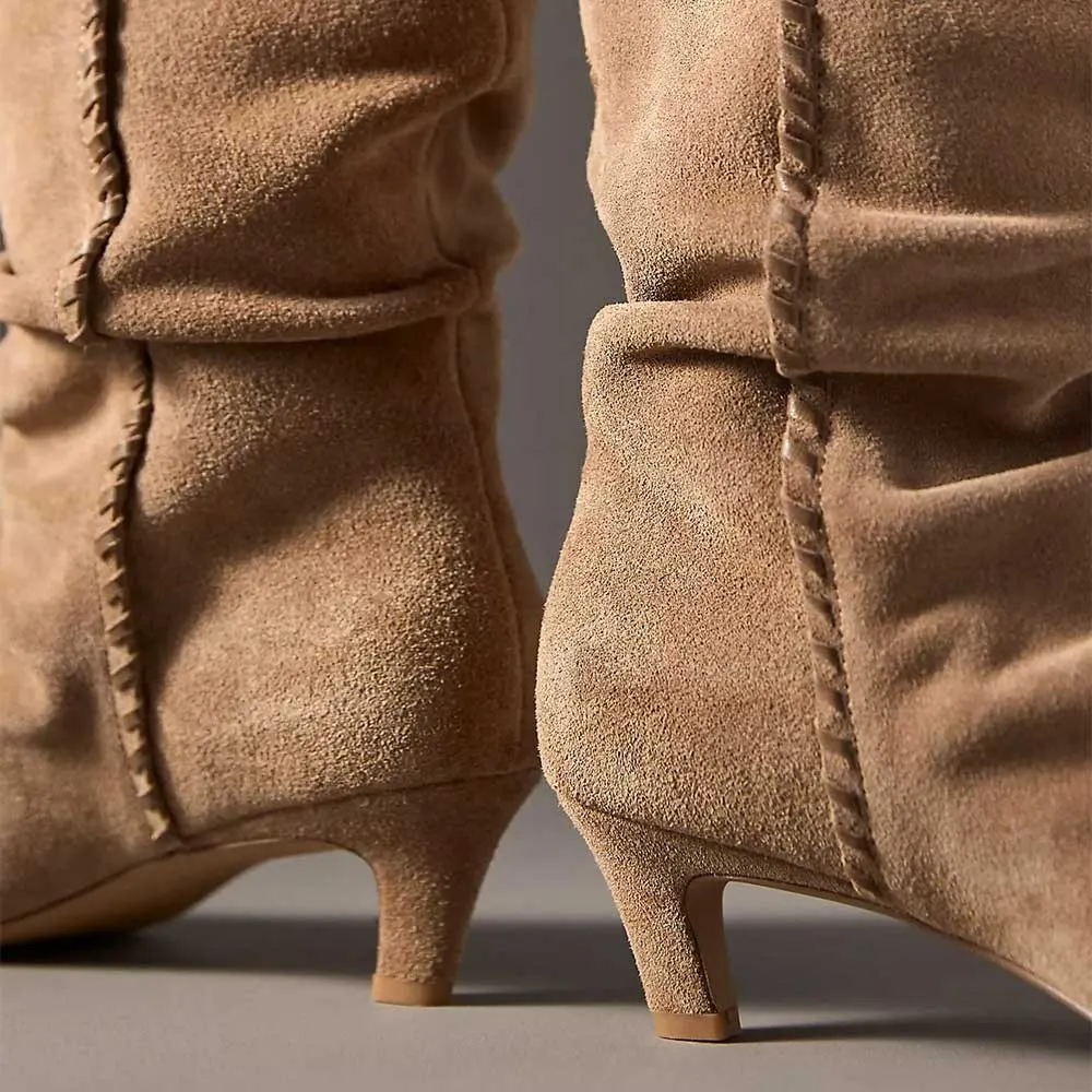 Brown Vegan Suede Kitten Heel Mid Calf Fashion Boots for Women