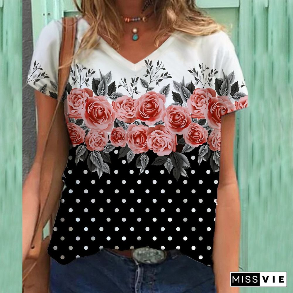 V Neck Flower And Polka Dot Leisure Tee