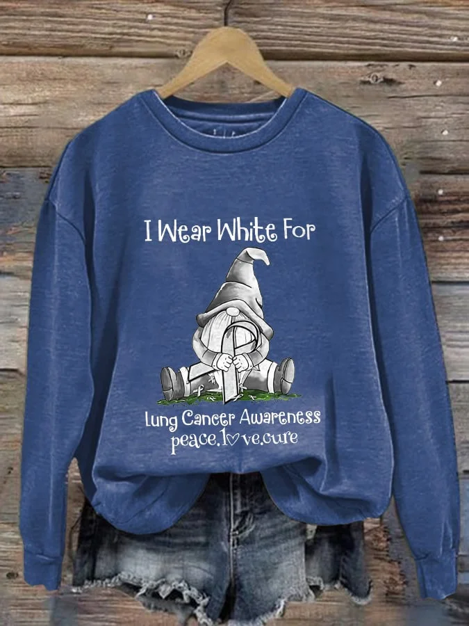 Women's Gnome I Wear White For Lung Cancer Awareness Peace Love Cure Print Sweatshirt socialshop