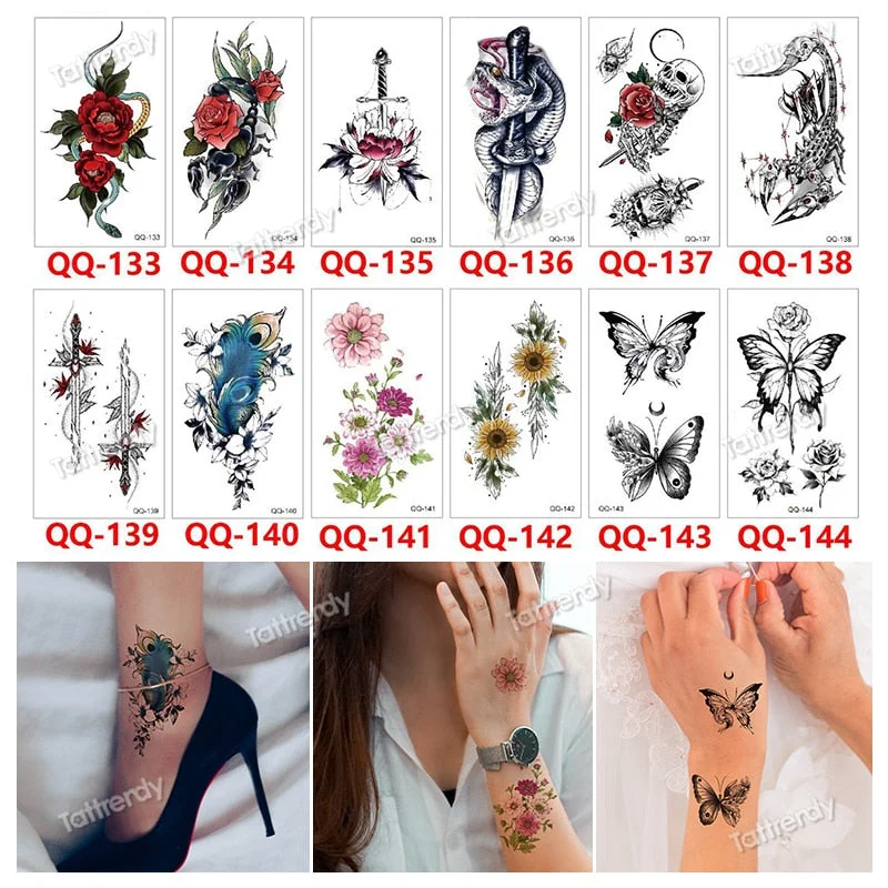 12Pcs/Set Waterproof Temporary Tattoo Sticker Small Rose Daisy Peony Flash Tatoo Flower Hand Ankle Wrist Fake Tatto For Body Art