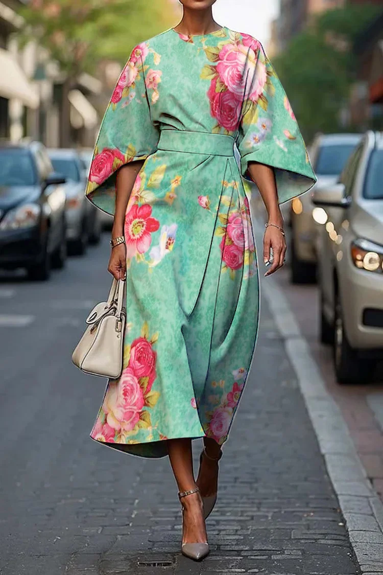 Women's Elegant Vintage Floral Print Midi Dress