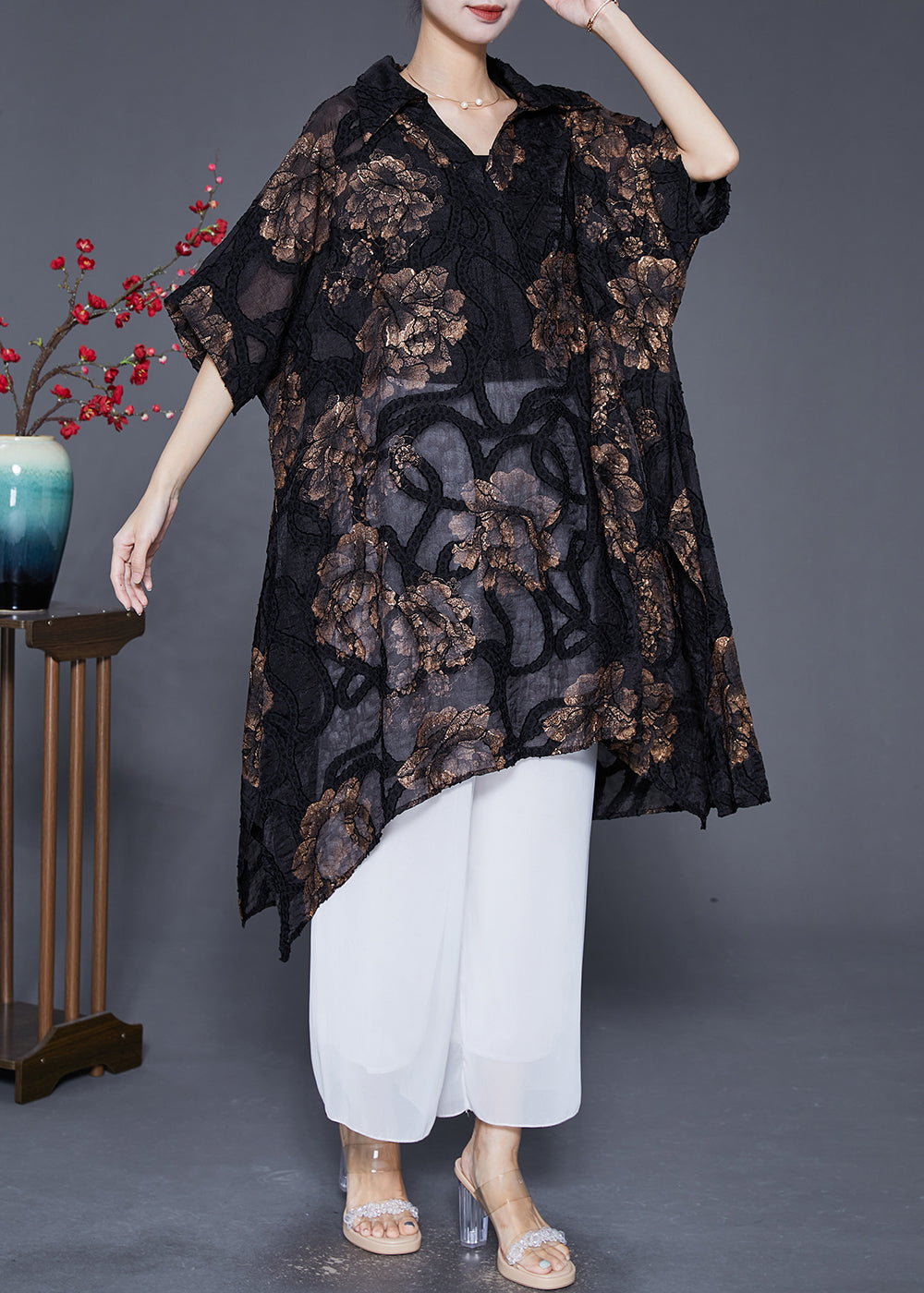 VCSHOES Black Oversized Asymmetrical Print Silk Long Smock Summer