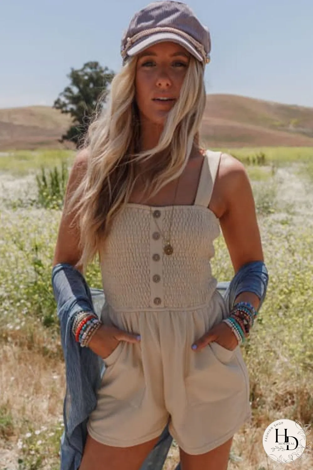 Beige Smocked Button Detail Sleeveless Romper